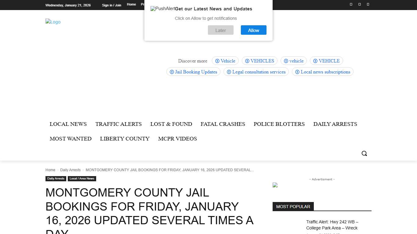 MONTGOMERY COUNTY JAIL BOOKINGS FOR FRIDAY, JANUARY 16, 2026 UPDATED SEVERAL TIMES A DAY- | montgomery county police reporter